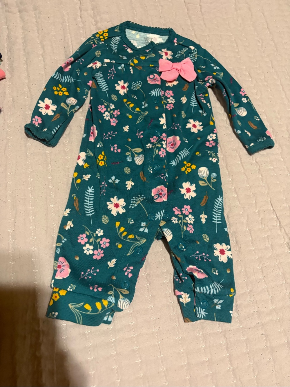 Carter's Teal Floral Footie with Pink Bow